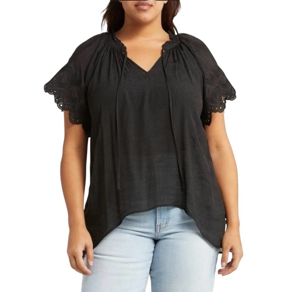 forgotten grace Tops - Forgotten Grace Black Lace Trim Women's Top Blouse with front ties 1X Plus